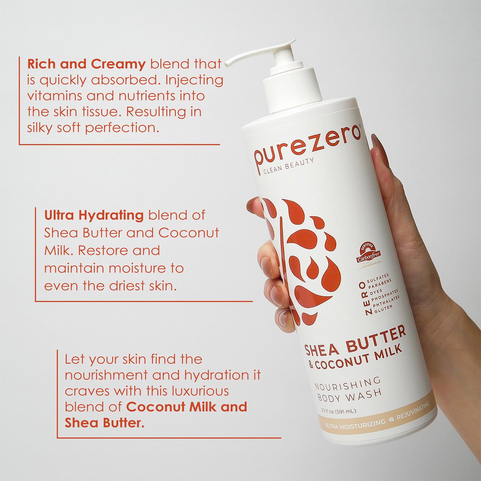 Purezero body wash lather closeup highlights creamy texture and gentle cleansing.