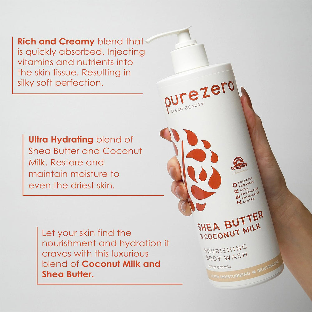 Purezero body wash lather closeup highlights creamy texture and gentle cleansing.