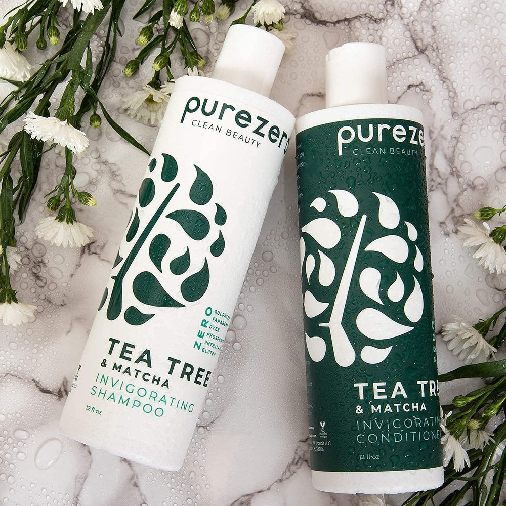 Purezero Tea Tree and Matcha conditioner bottle offering nourishing detangling results.