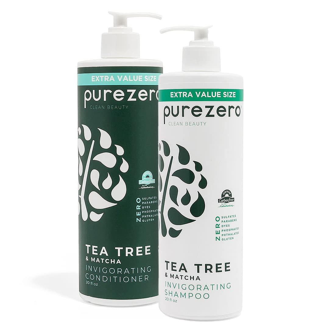 Purezero Tea Tree and Matcha shampoo bottle highlights invigorating cleanse for daily care.