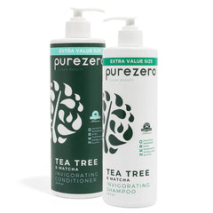 Purezero Tea Tree and Matcha shampoo bottle highlights invigorating cleanse for daily care.
