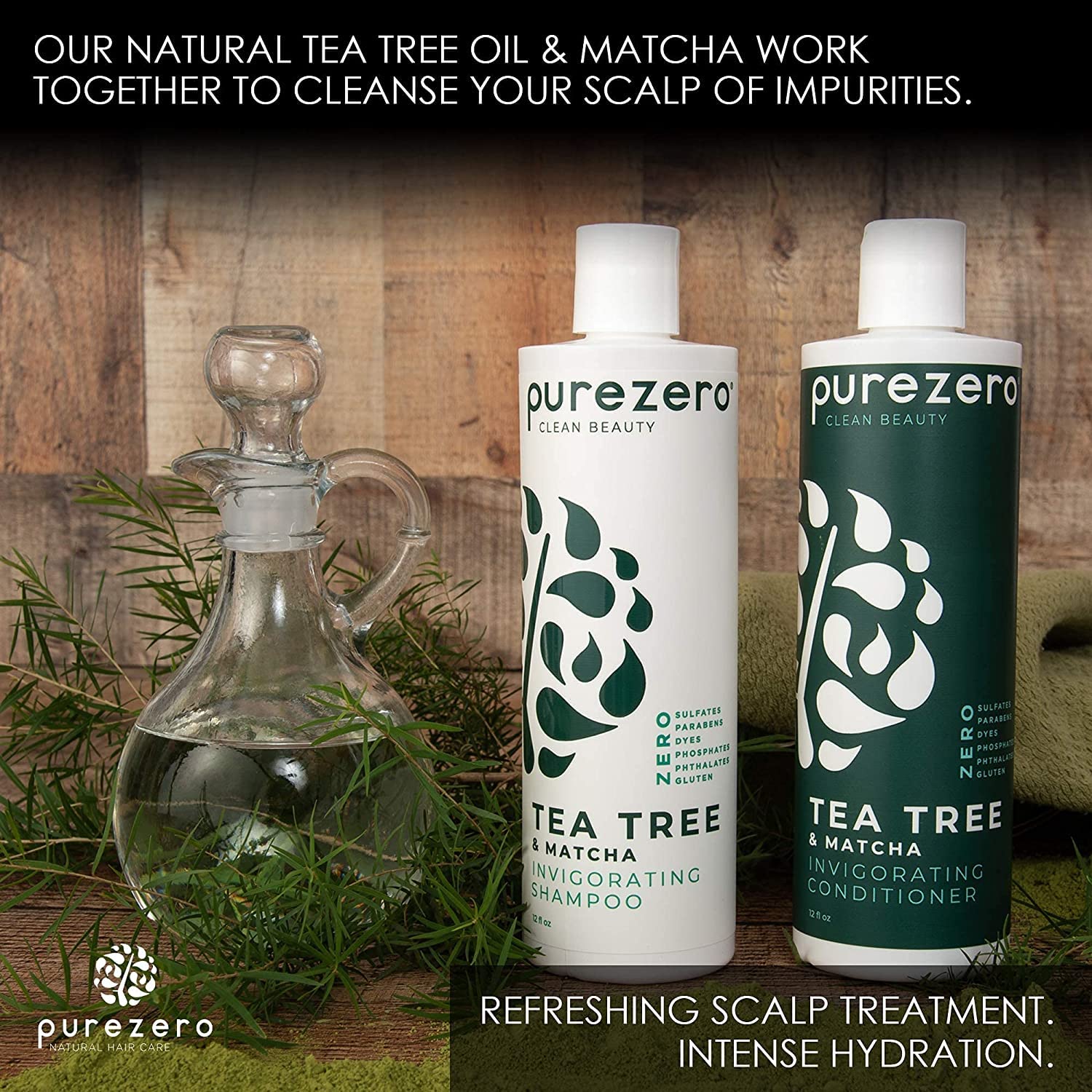 Purezero Tea Tree Oil and vitamin labels highlight clean, salon-inspired formula.