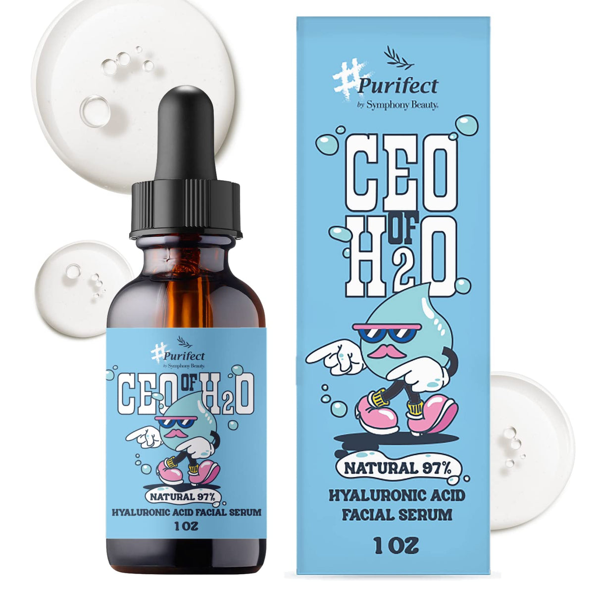 Purifect CEO of H2O serum bottle delivering deep hydration for the skin.