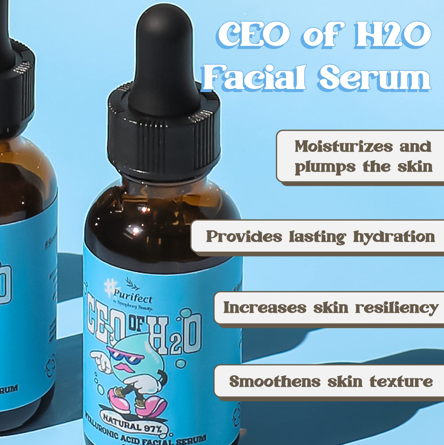 Purifect CEO of H2O serum dropper delivering precise hydration daily.