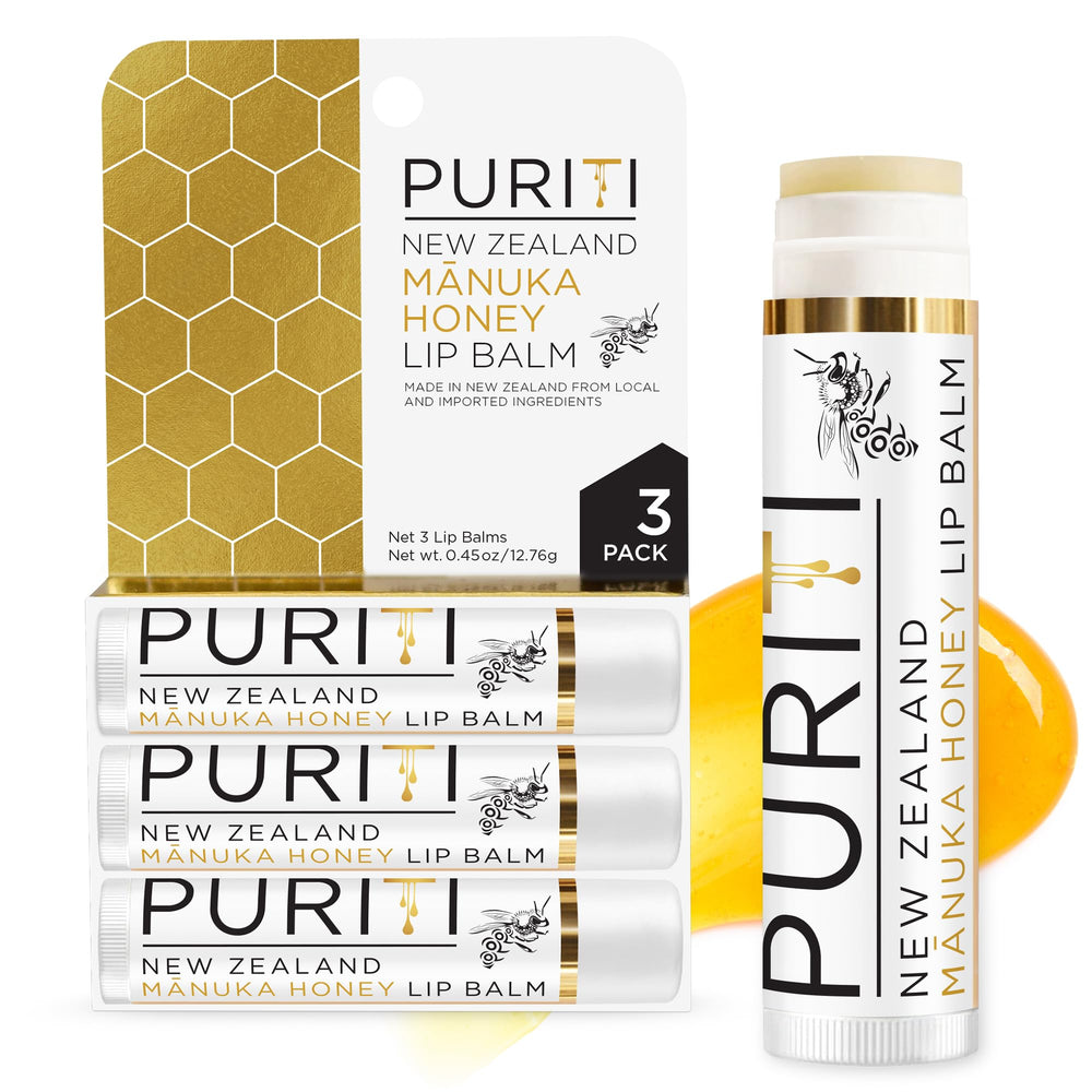PURITI Manuka Honey Lip Balm 3pack packaging shows portable care in a compact box.