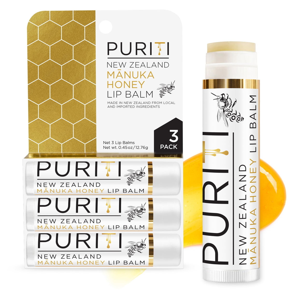 PURITI Manuka Honey Lip Balm 3pack packaging shows portable care in a compact box.