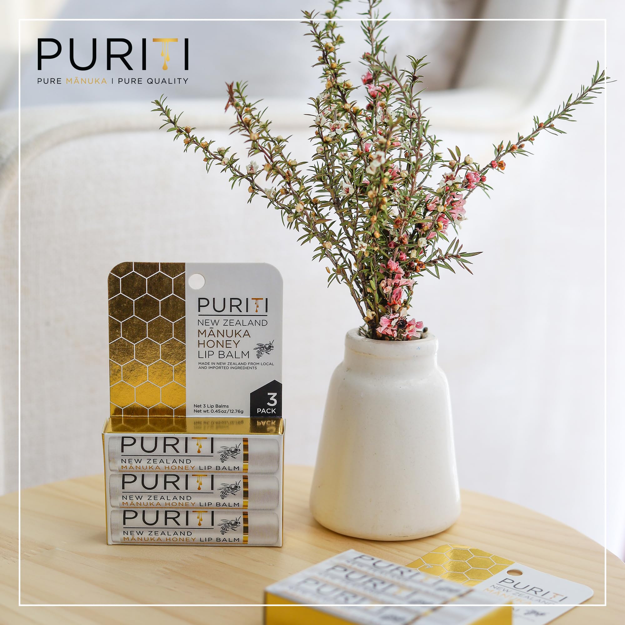 PURITI Manuka Honey Lip Balm helps dry lips stay hydrated throughout the day.