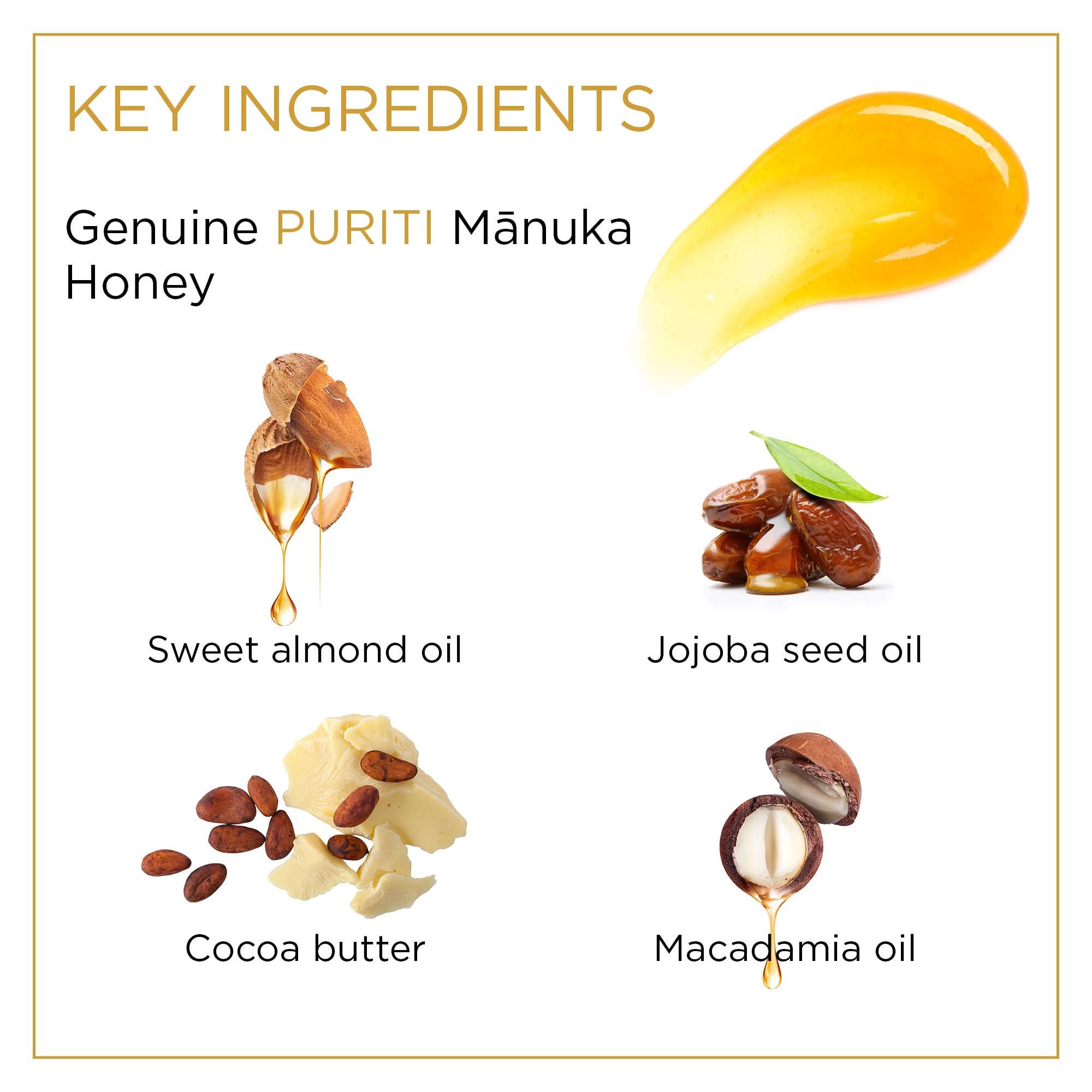 PURITI Manuka Honey Lip Balm natural ingredients blend with Manuka honey and plant oils.