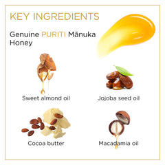 PURITI Manuka Honey Lip Balm natural ingredients blend with Manuka honey and plant oils.