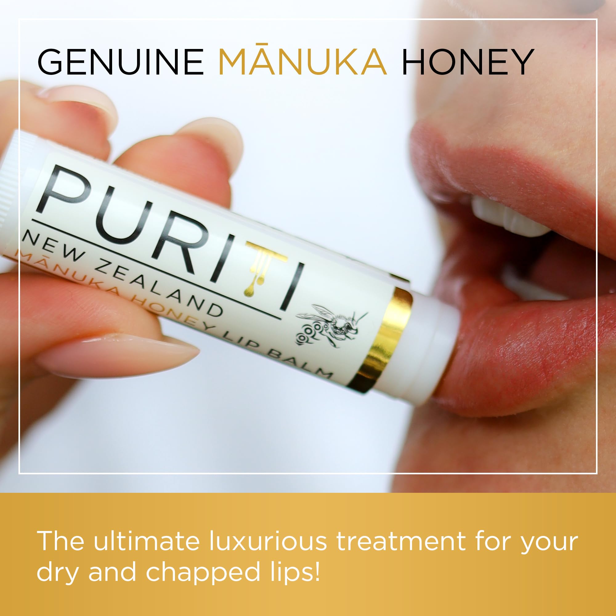 PURITI Manuka Honey Lip Balm tube closeup highlights a smooth, lightweight glide for lips.