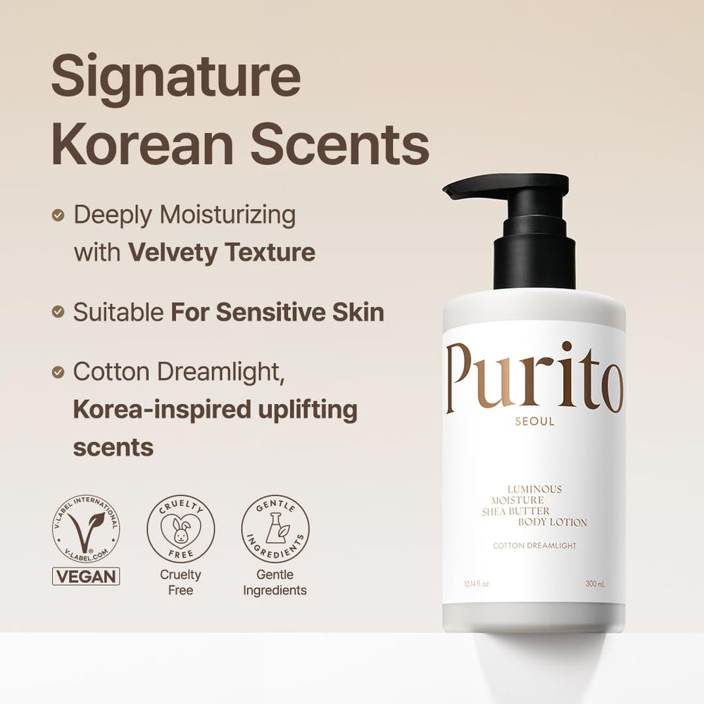 Close-up of the creamy texture to show non-greasy, velvety finish of PURITO lotion