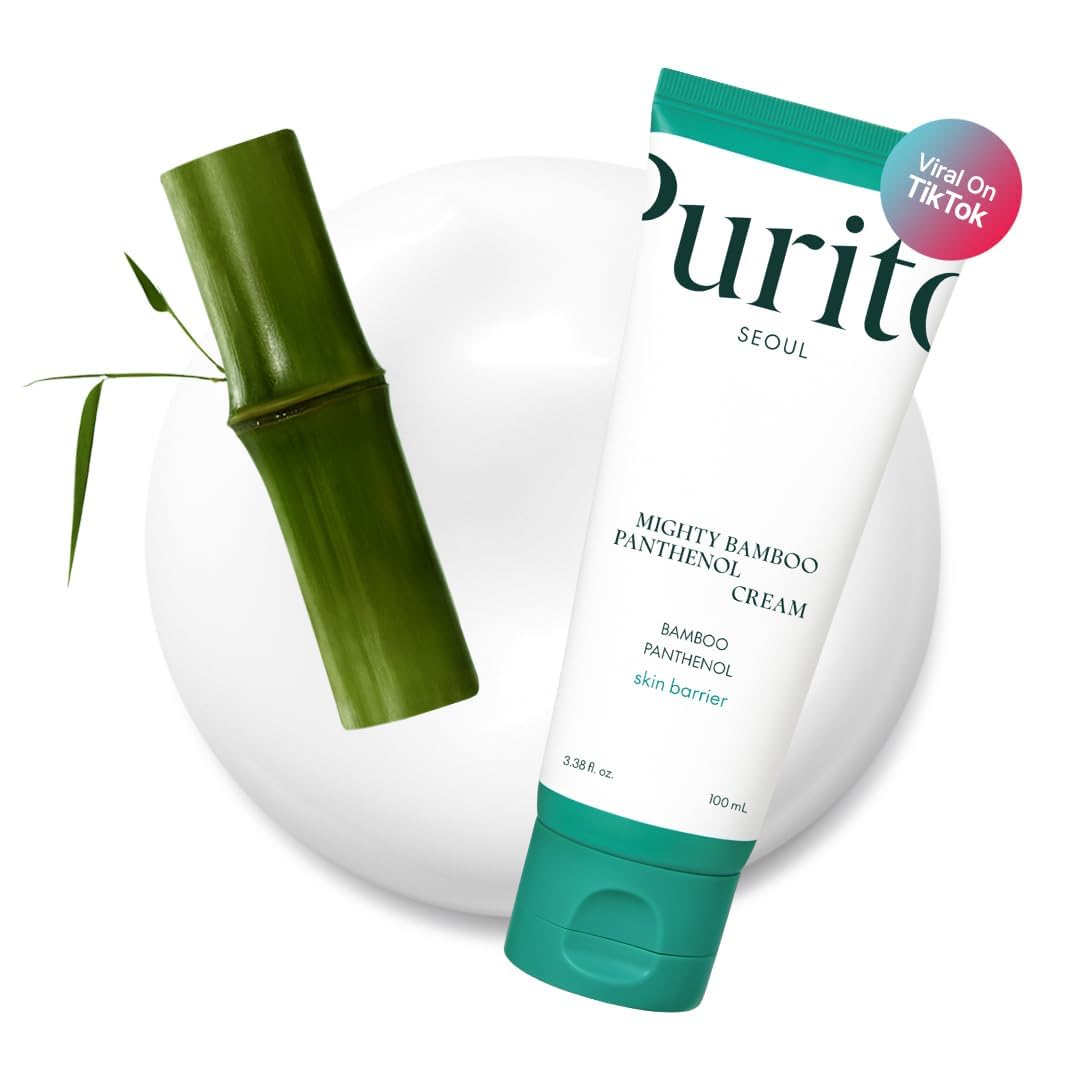 PURITO Panthenol 10% Post-Acne Cream bottle pour offers gentle hydration for post-acne skin.