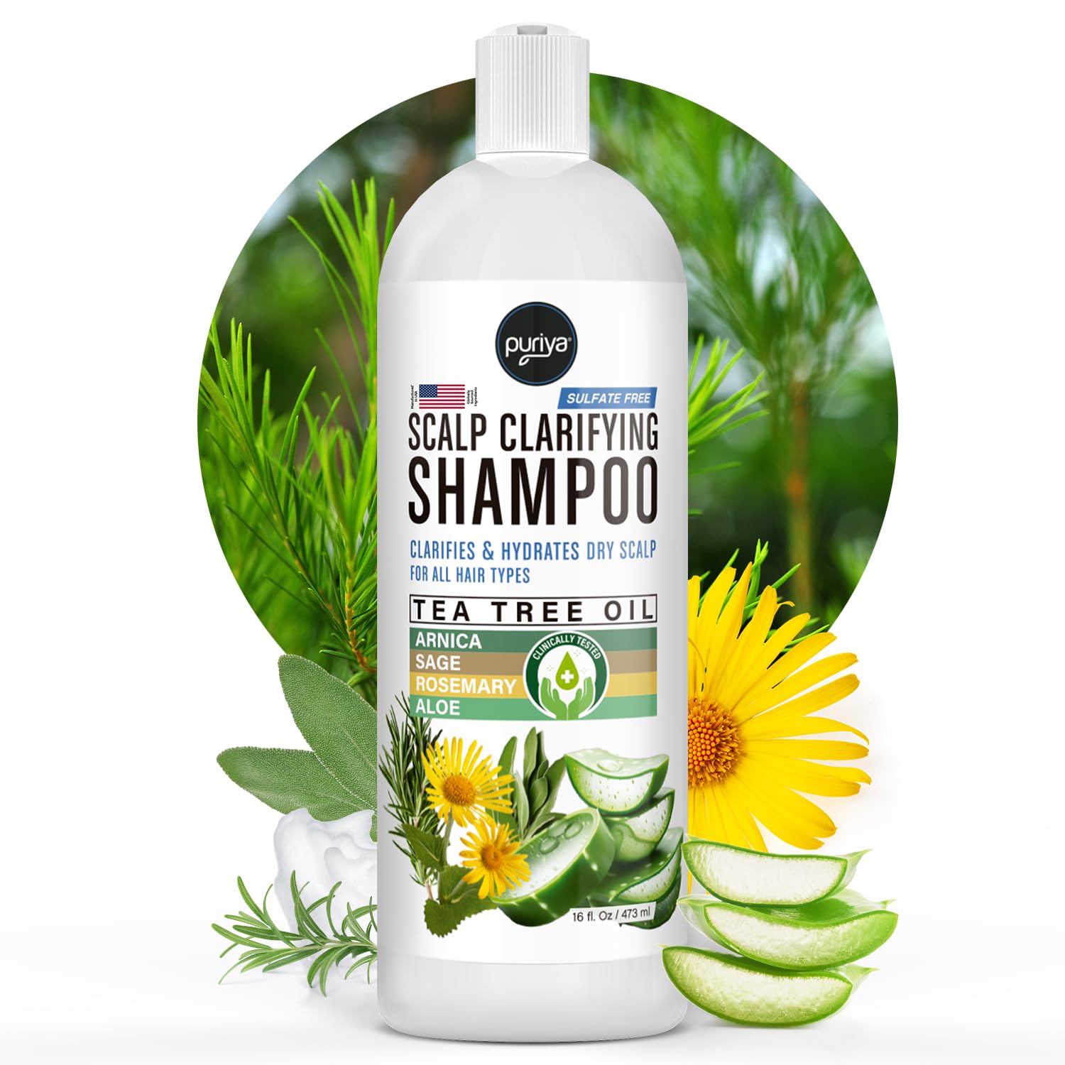Puriya Tea Tree Clarifying Shampoo bottle front for gentle scalp cleansing.