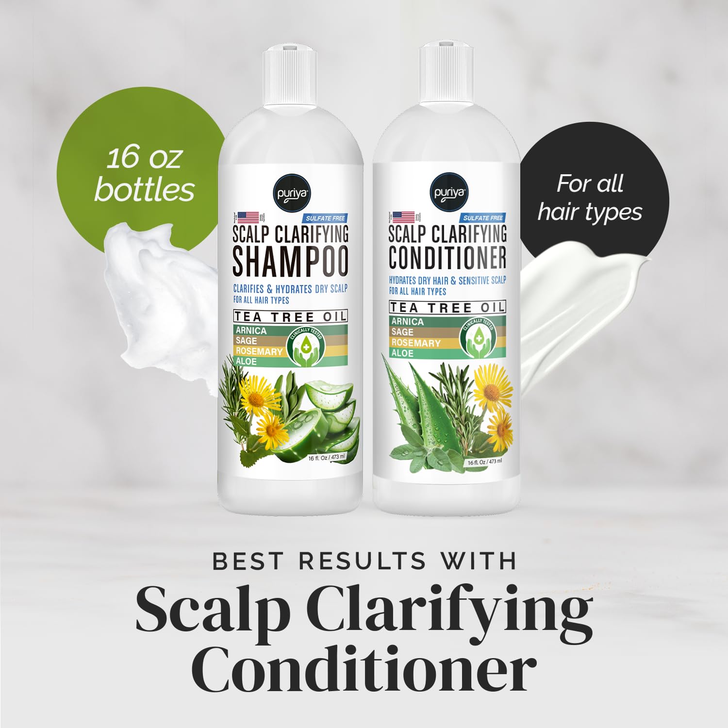 Puriya Tea Tree Clarifying Shampoo suitable for kids and adults with a gentle formula.