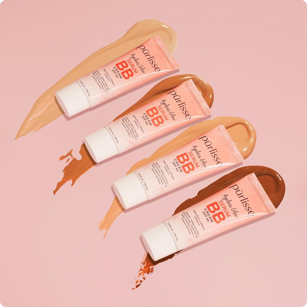 Pūrlisse Ageless Glow BB Cream SPF 40 even tone across redness for a natural glow.