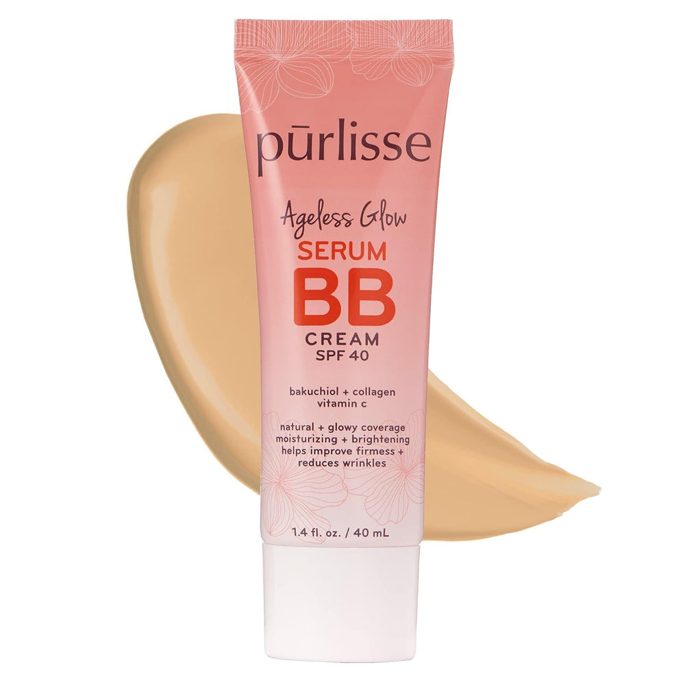 Pūrlisse Ageless Glow BB Cream SPF 40 packaging highlights a sleek, travel-friendly tube for on-the-go radiance.