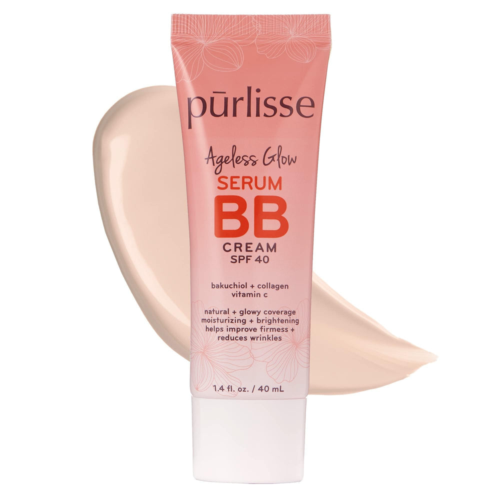 Purlisse Ageless Glow Serum BB Cream SPF 40 bottle pump for radiant daily protection.