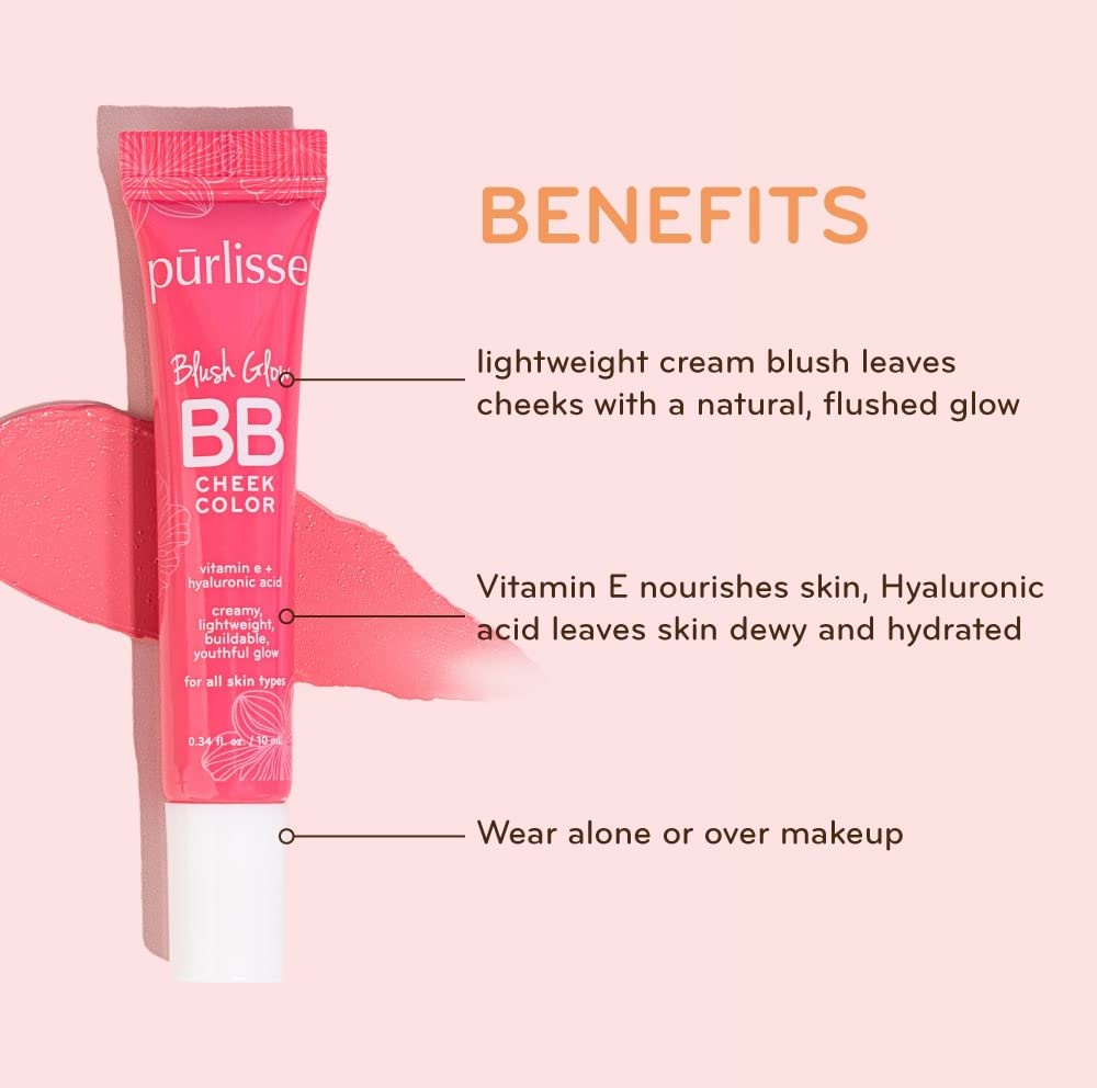 Purlisse Blush Glow Malibu Peach dewy finish enhances radiance on cheeks.