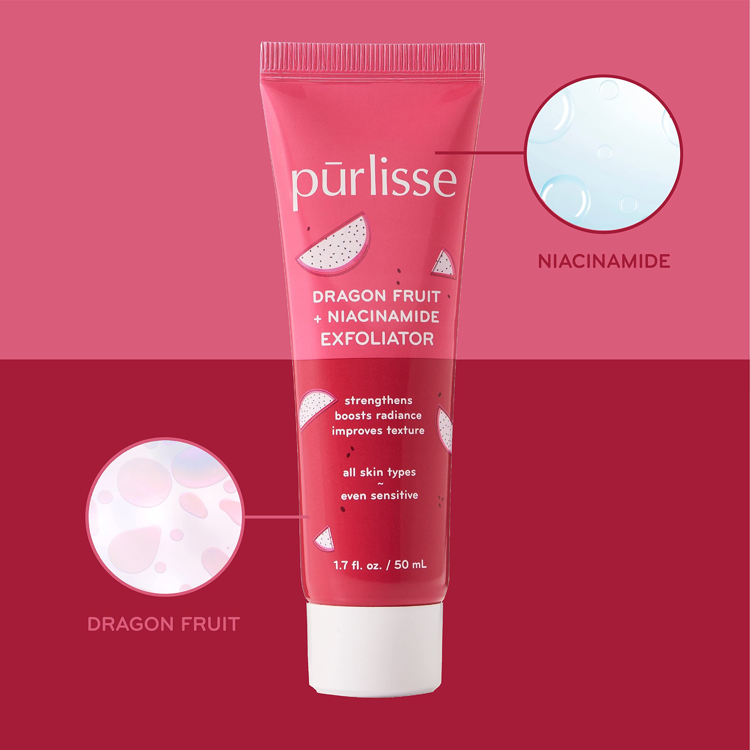 Pūrlisse Dragonfruit Niacinamide scrub texture closeup shows creamy formula and micro-exfoliants.