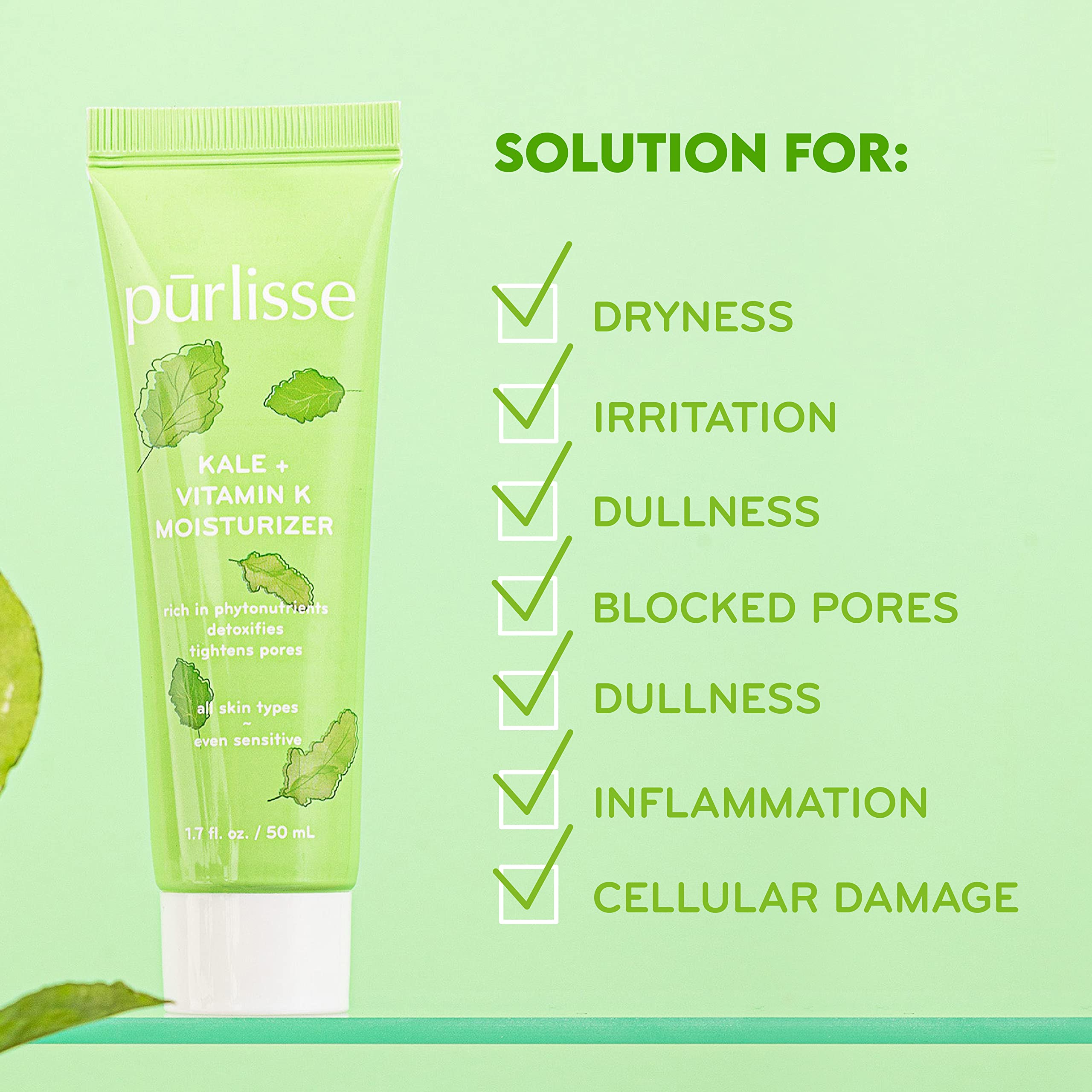 Purlisse kale-leaf-closeup highlights kale nutrients for skin support.