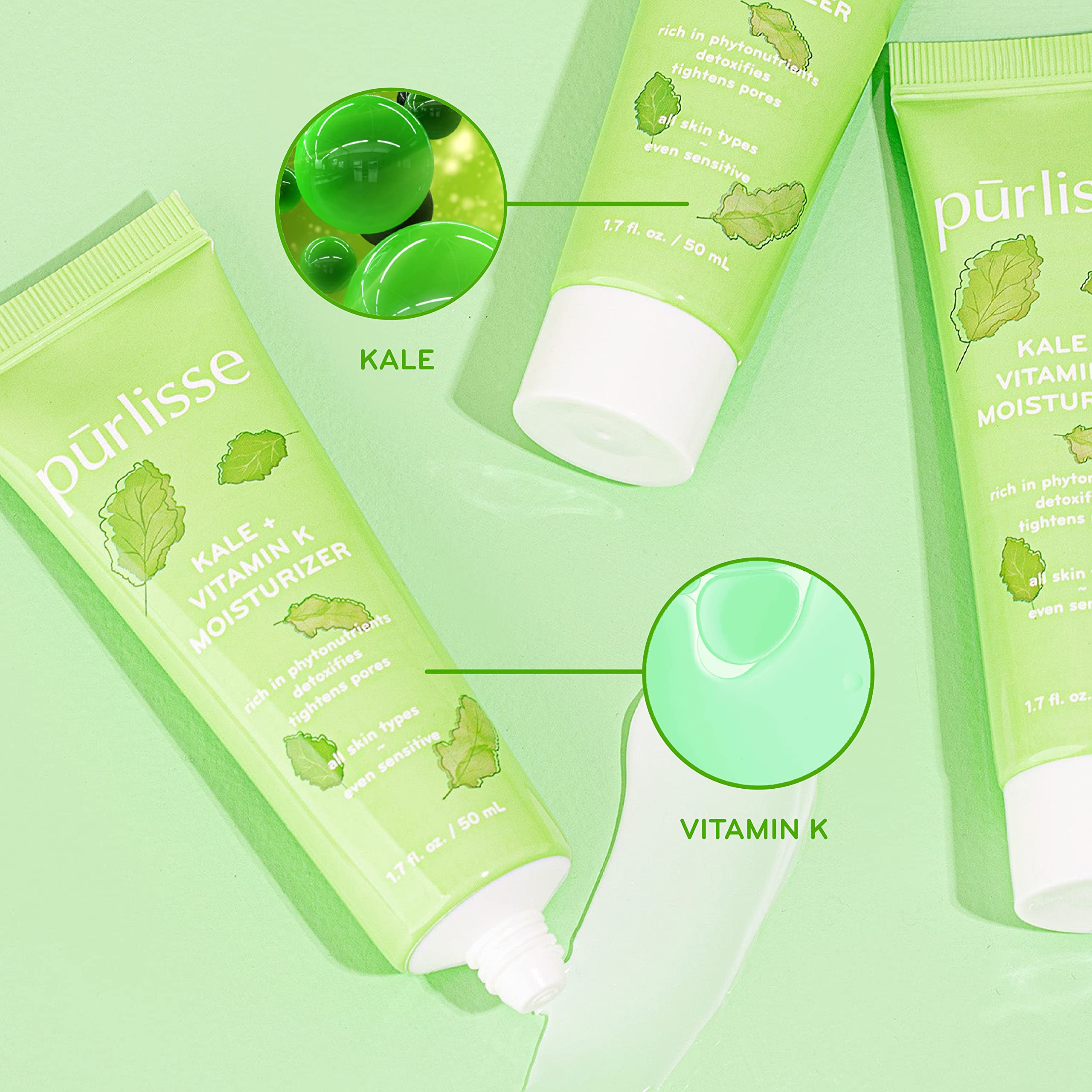 Purlisse Kale + Vitamin K moisturizer texture swatch shows creamy, hydrating formula.