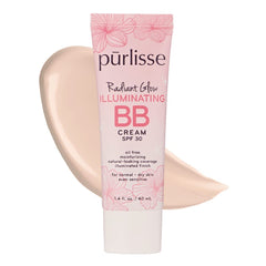 Purlisse Radiant Glow BB Cream tube front shows dewy coverage with SPF 30.