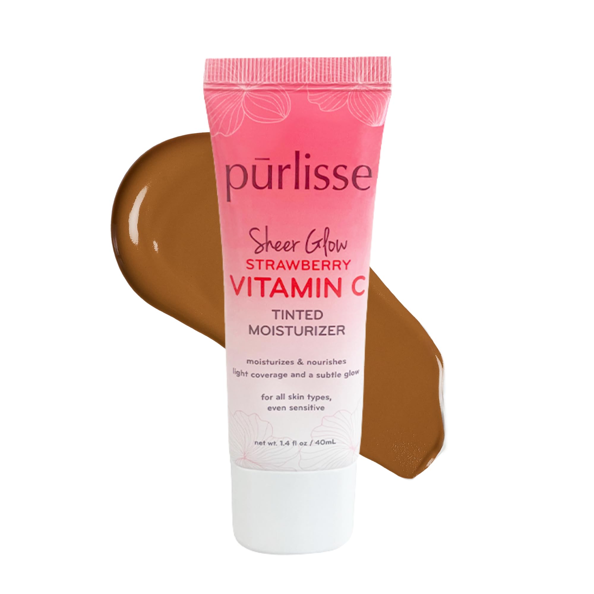 pürlisse Sheer Glow Strawberry Vitamin C tinted moisturizer bottle delivers a dewy finish and brightens skin.