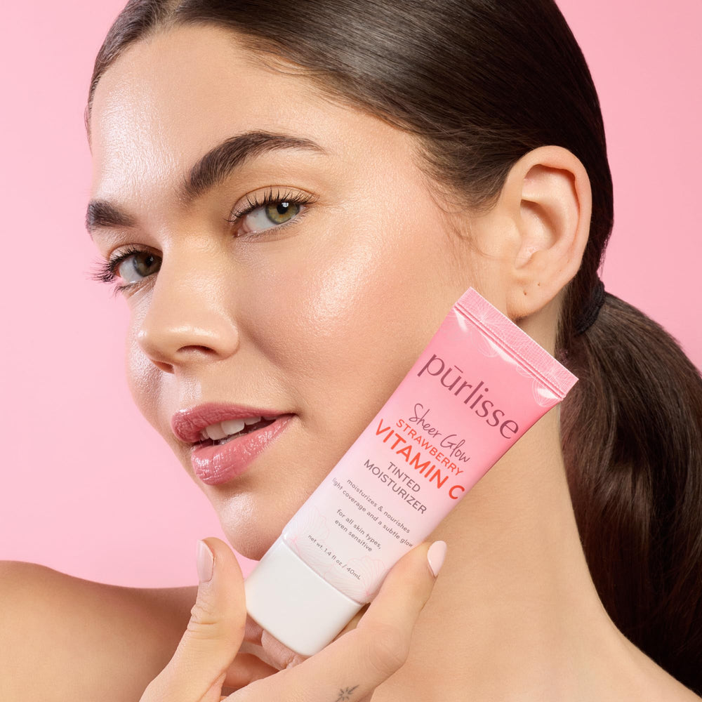 pürlisse Sheer Glow tinted moisturizer swatch on skin shows sheer color and natural glow.