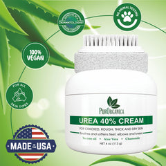PurOrganica Urea 40% Foot Cream with pumice stone visual suggests exfoliation.