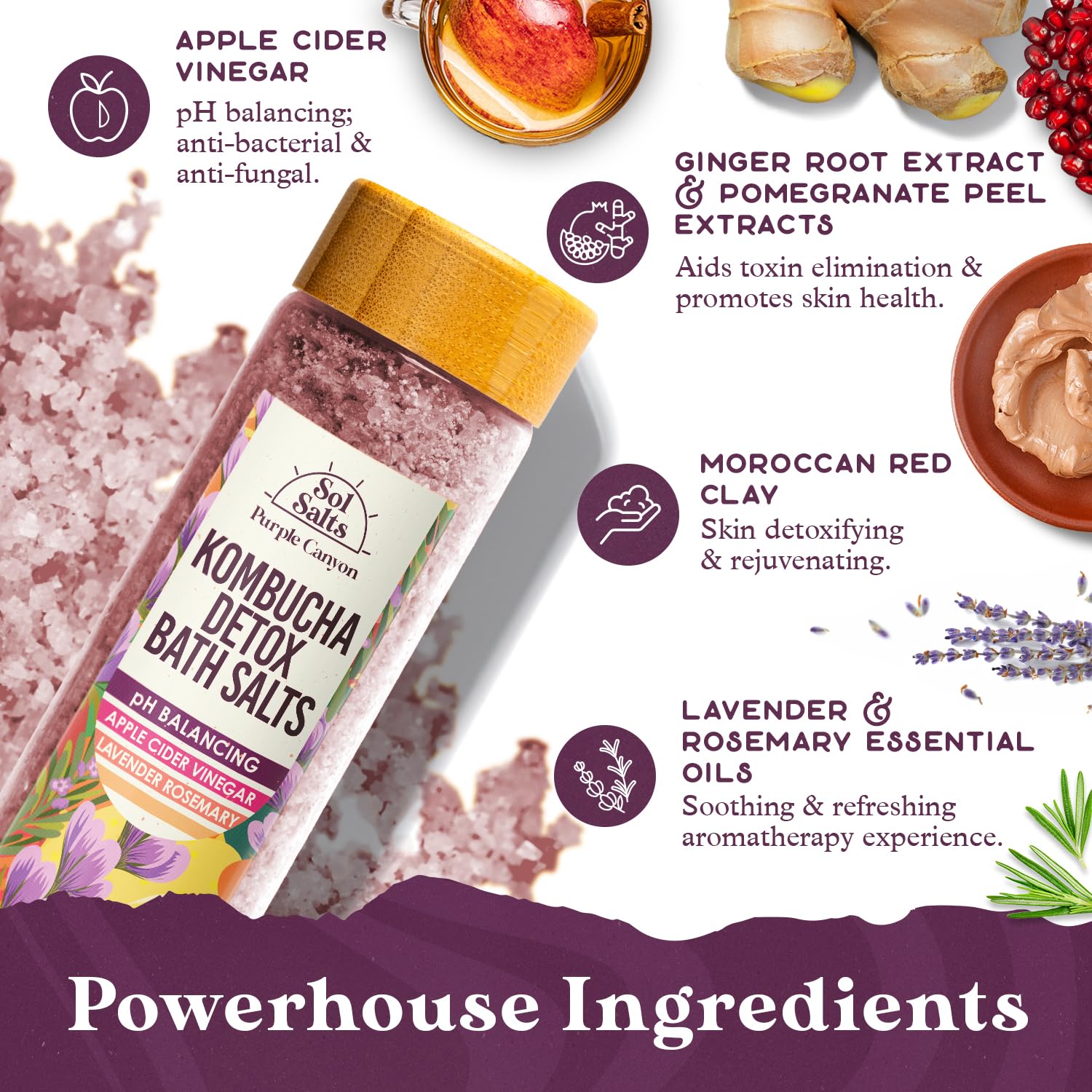 Purple Canyon SolSalts apple-cider-vinegar blend supports skin refreshment during soak