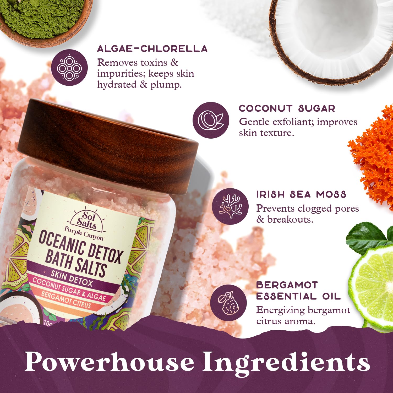 Purple Canyon SolSalts bergamot citrus scent enhances bath mood.