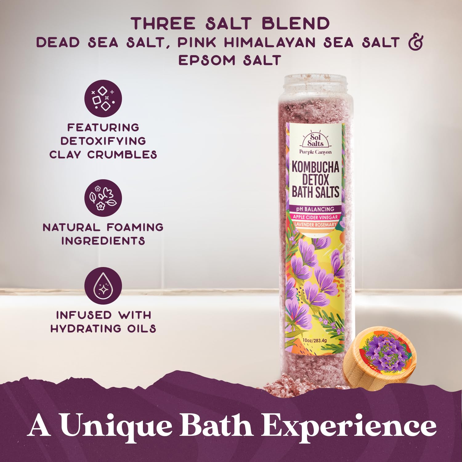 Purple Canyon SolSalts detox salts texture suggests a spa-like detox with mineral-rich blend