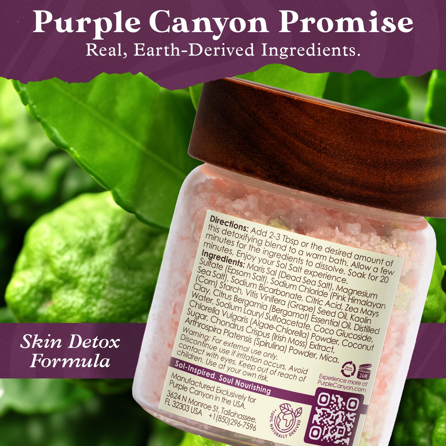 Purple Canyon SolSalts reusable glass jar with wood lid and premium packaging.