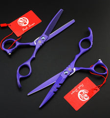 Purple Dragon offset grip ergonomic design shown on professional scissors.