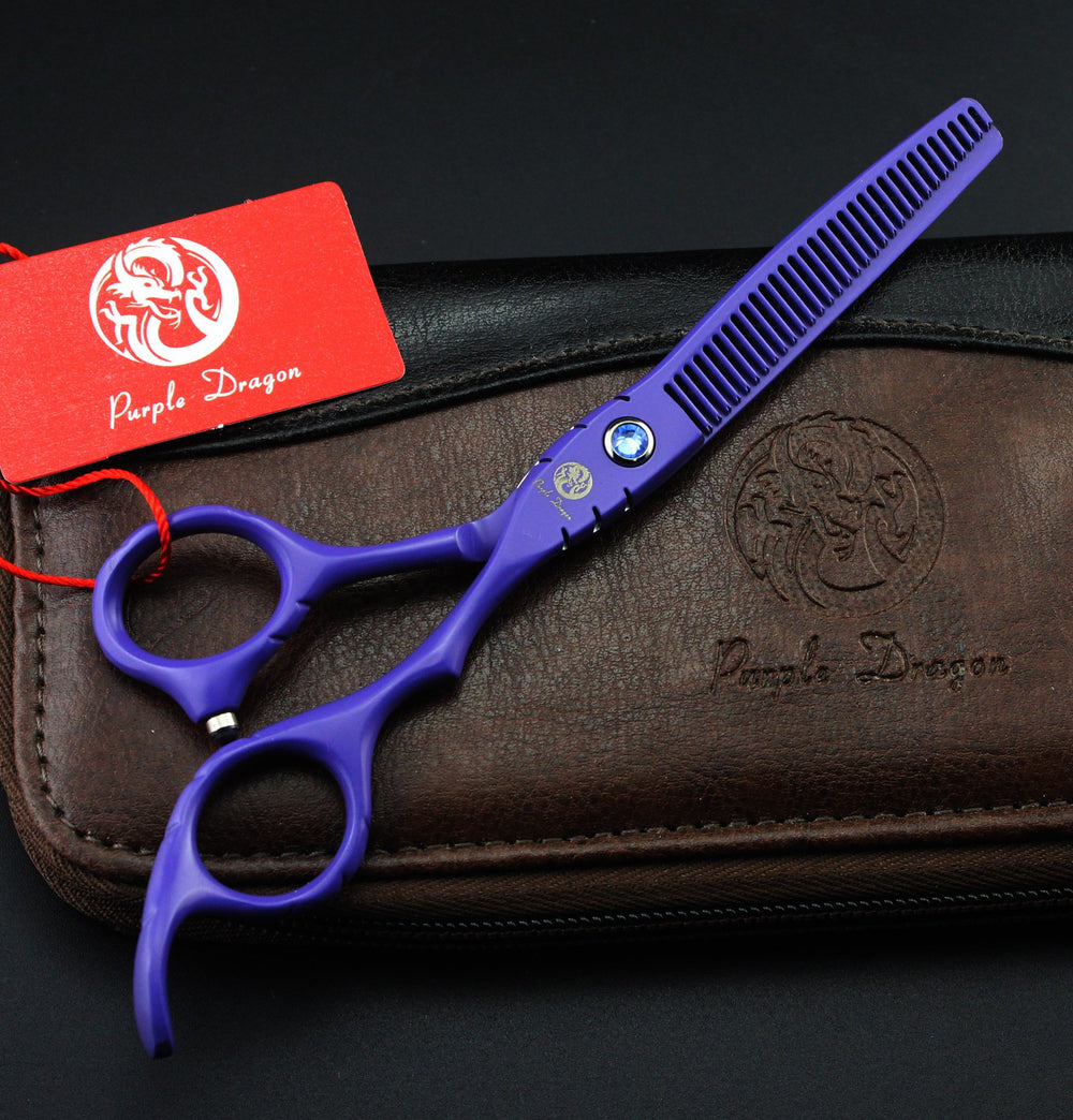 Purple Dragon thinning shear 5.5-inch blade close-up for balanced thinning.