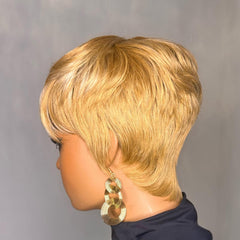 PurpleSexy Pixie Cut honey-blonde close-up shows smooth, 100% human hair shine.