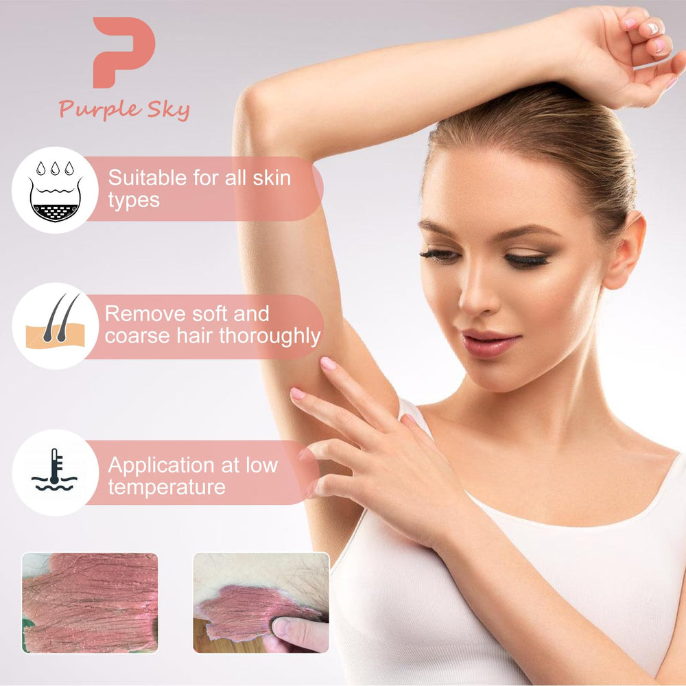 PURPLESKY stripless wax in action for clean, cloth-free removal.