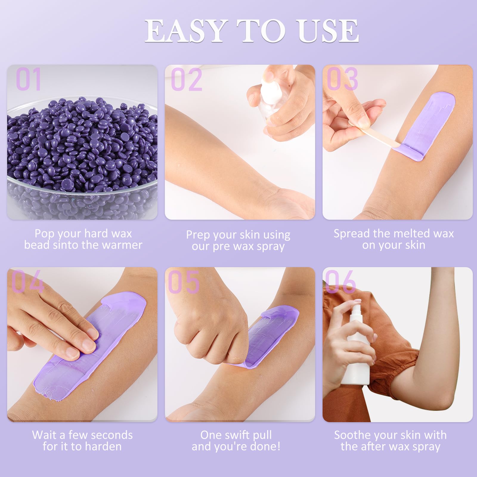 Purplesky wax beads temperature-melt indicates low-temperature formula gentle for sensitive skin.