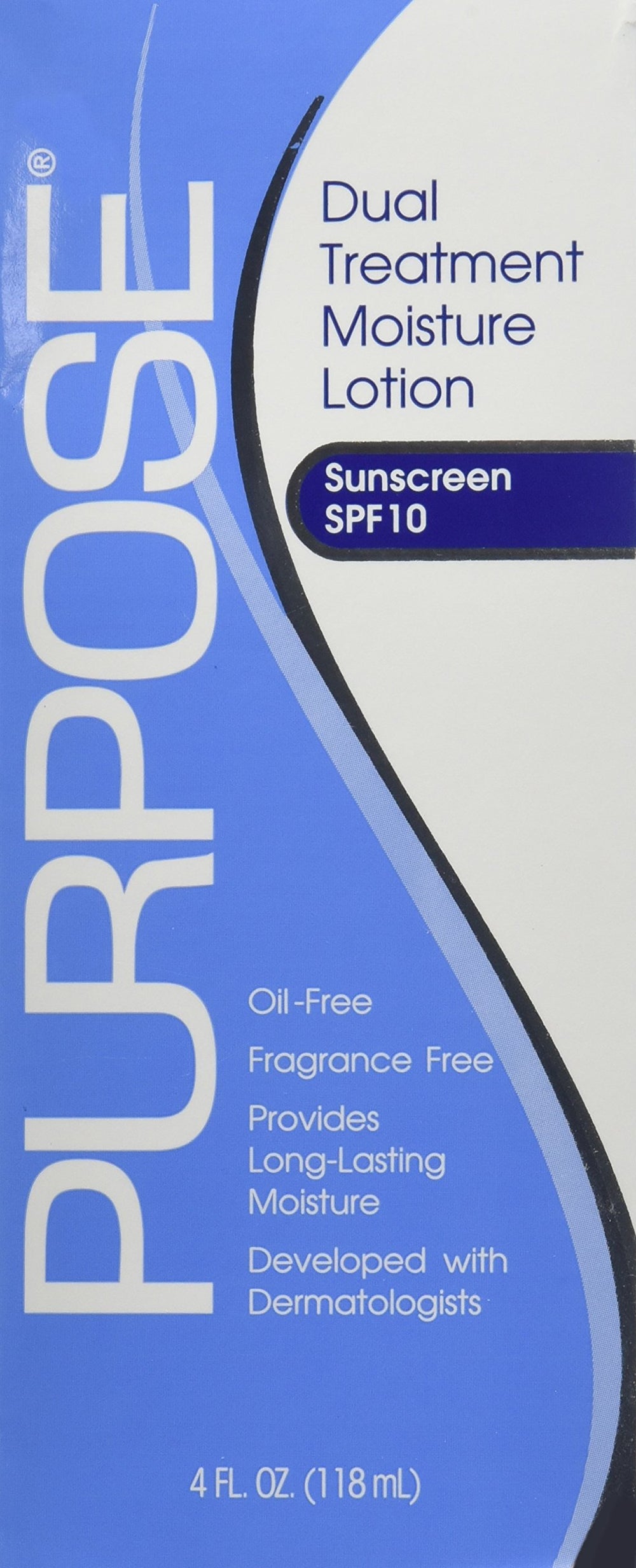 Purpose lotion SPF 10 label highlights broad-spectrum protection.