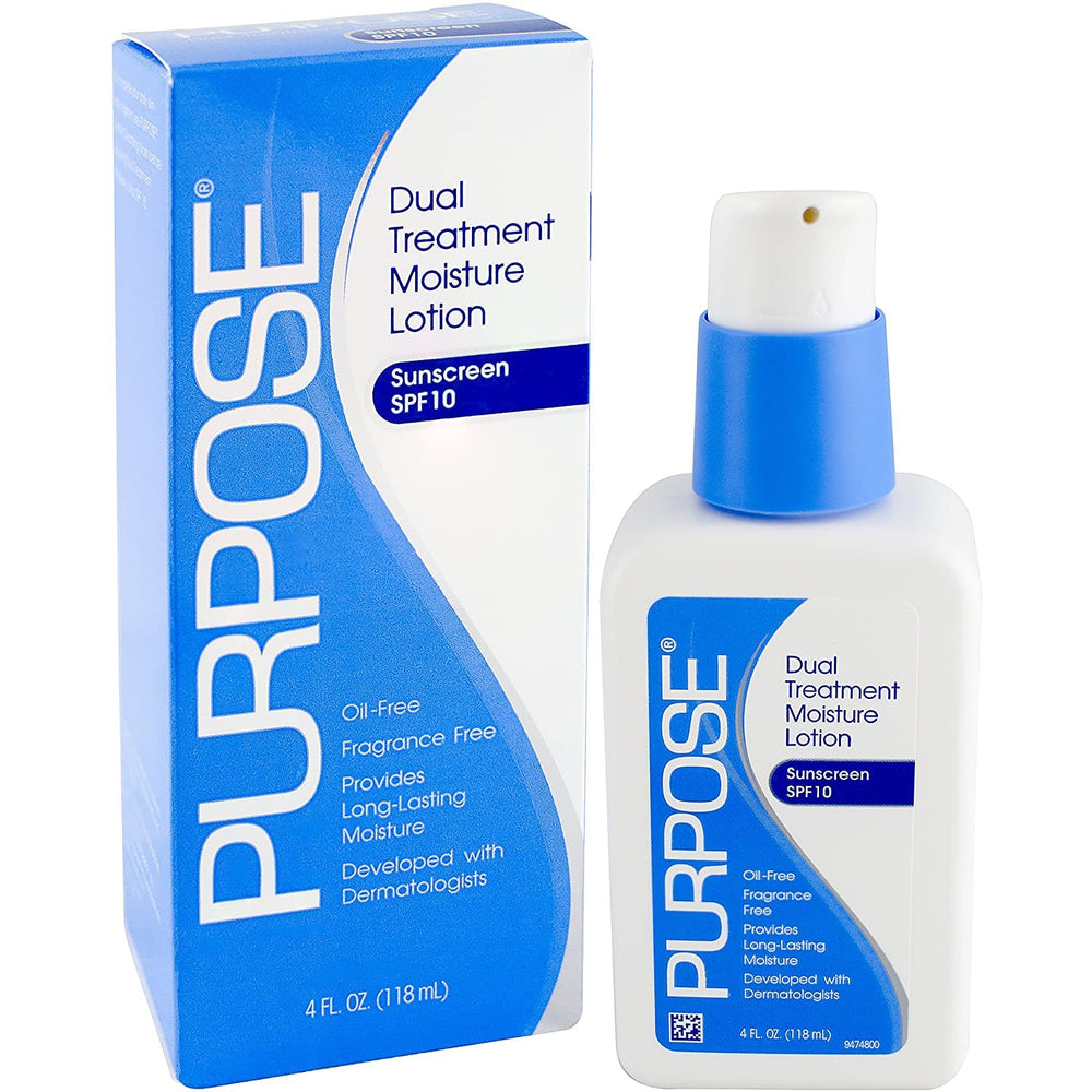 Travel-ready two-pack of Purpose Dual Treatment Moisturizer SPF 10 on counter.
