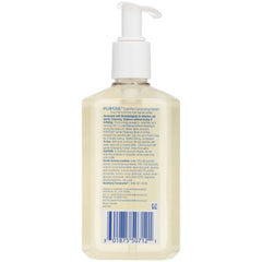 Lather demonstration highlights gentle cleansing without drying.