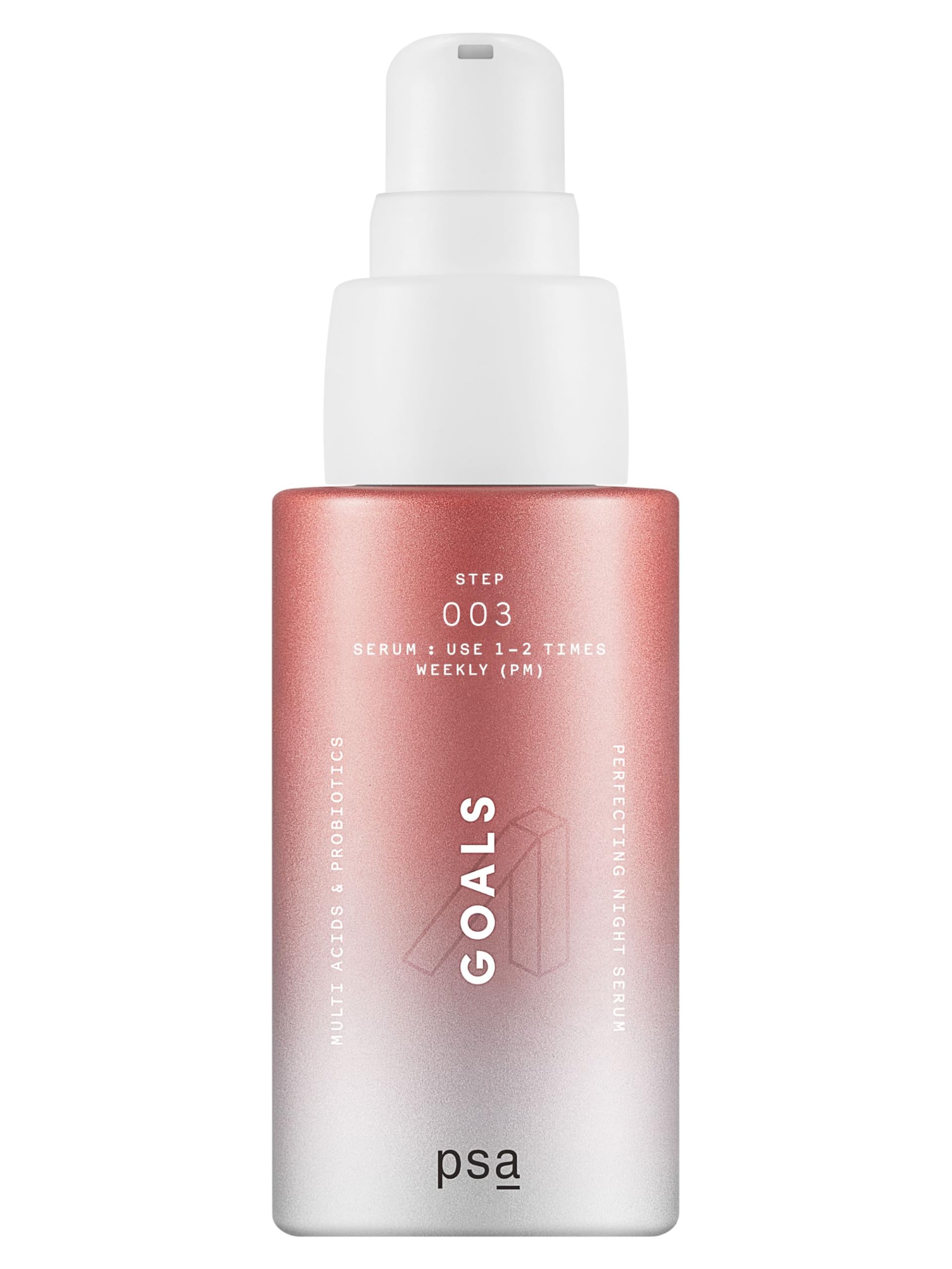 Purposeful Skincare PSA Goals night serum bottle with pump showing a pore refining nightly treatment