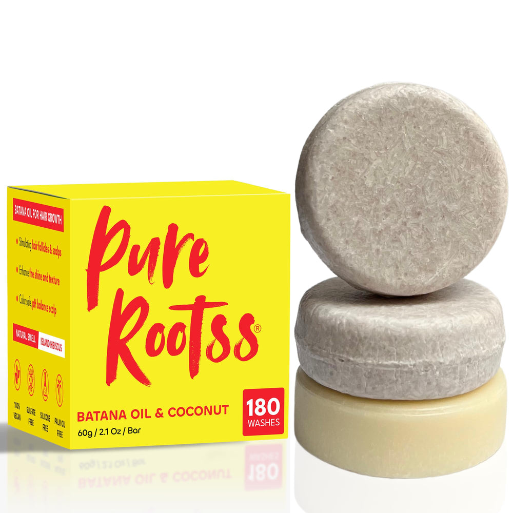 Two shampoos and one conditioner bar from PureRootss Batana Oil set