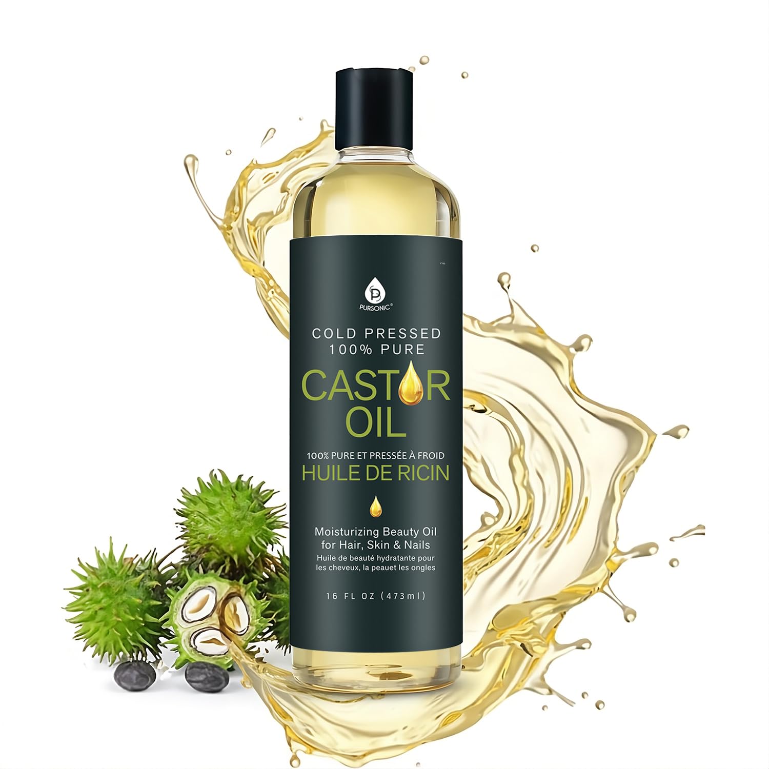Pursonic Castor Oil bottle showing a 16oz container for skin and hair care.