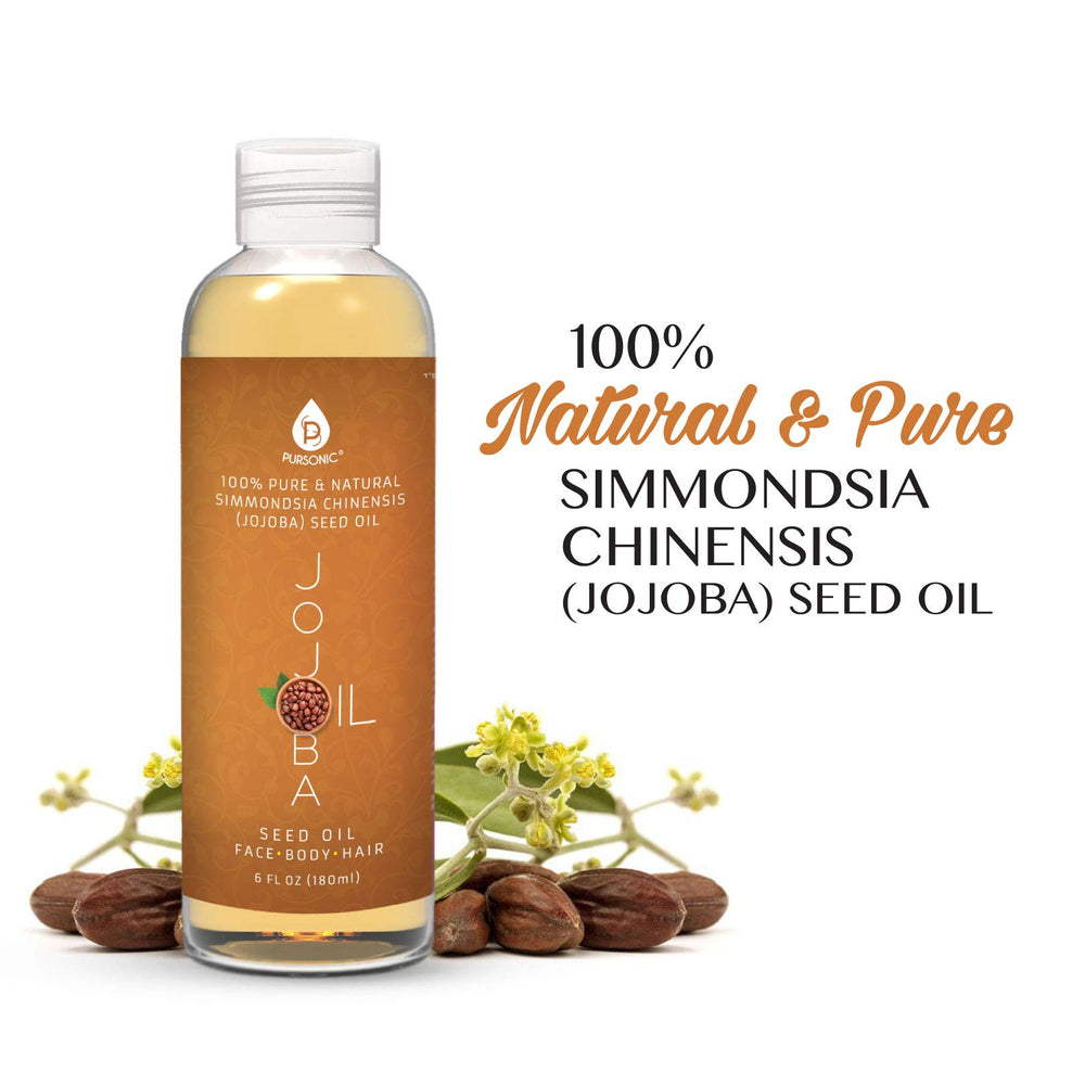 Pursonic Jojoba Oil bottle closeup highlights pure golden oil for hair and nails.