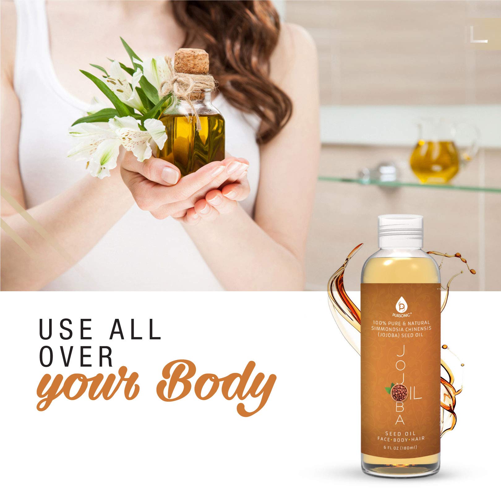 Pursonic Jojoba Oil label emphasizes 100% cold-pressed formula for all skin types.