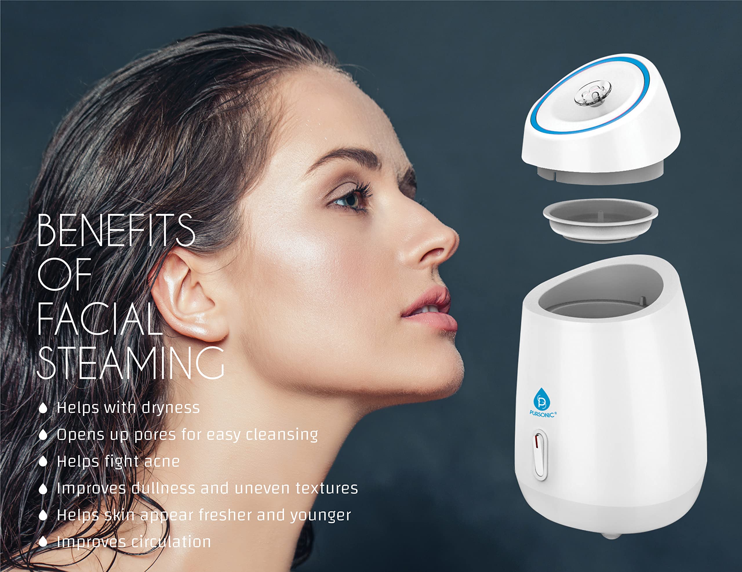 Pursonic White Facial Steamer pores detail—unclogging pores and smoothing texture.