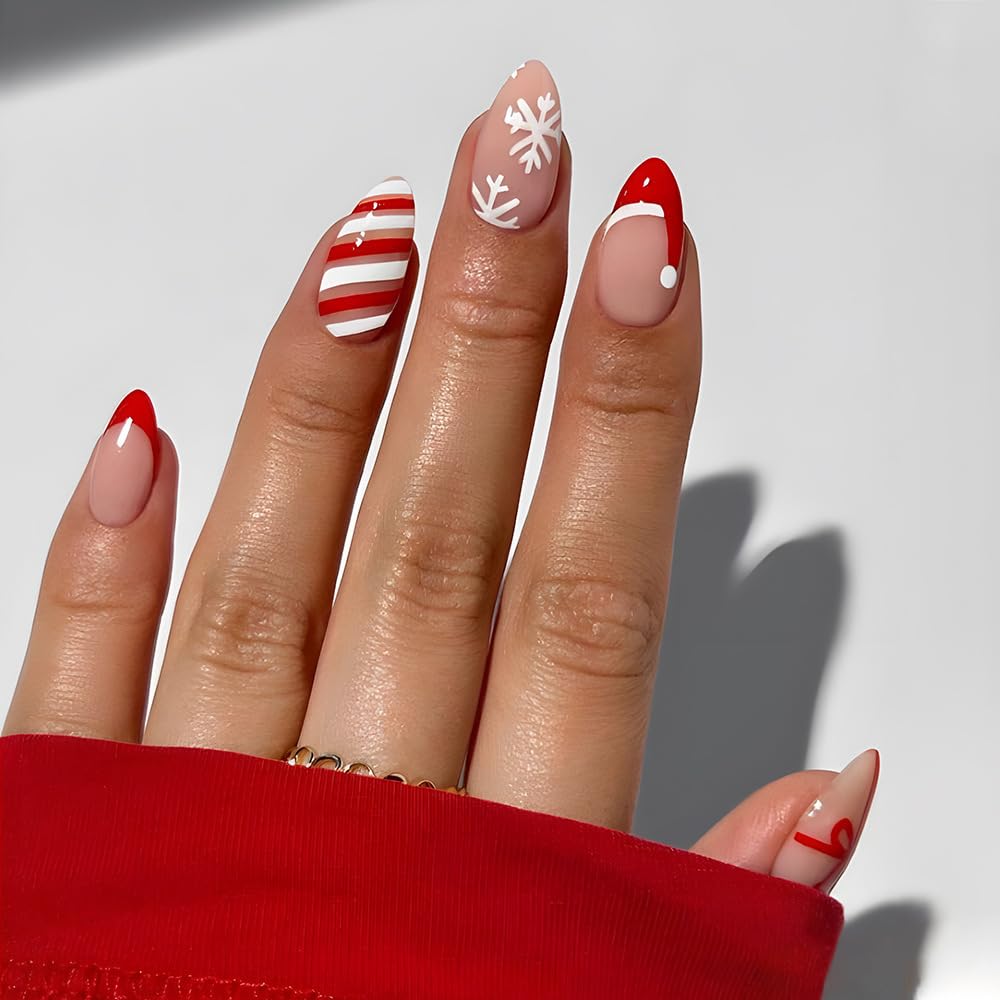 Puyokinm Christmas press-on nails with red snowflake design for festive looks