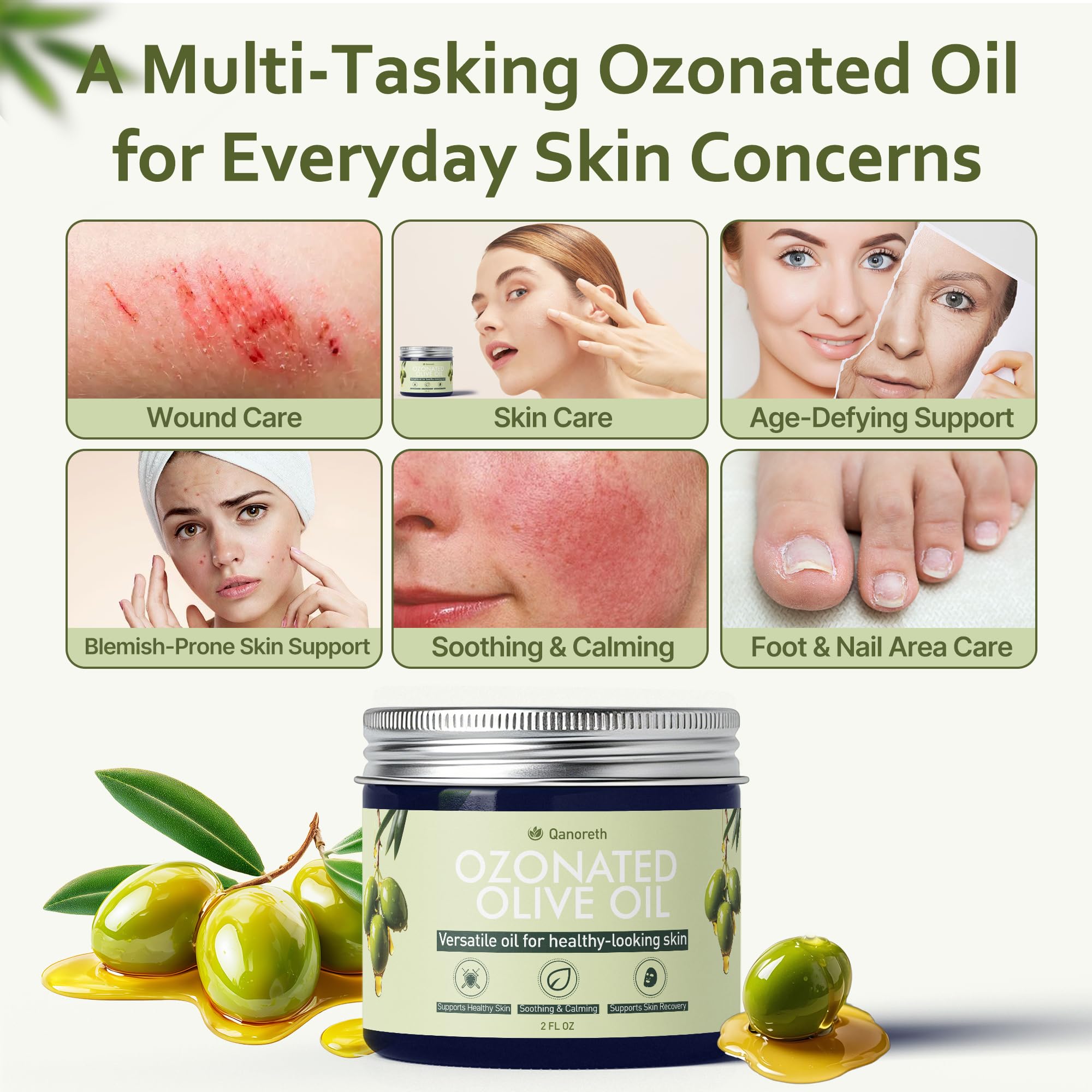 Qanoreth ozonated olive oil closeup reveals a creamy texture ready for quick absorption.