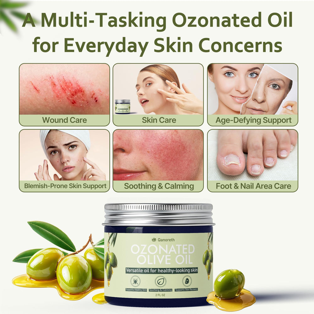 Qanoreth ozonated olive oil closeup reveals a creamy texture ready for quick absorption.